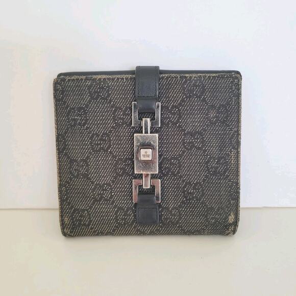 GUCCI GG Vintage Jackie Canvas Leather Wallet Monogram Bifold Medium Geay Logo - Picture 1 of 14
